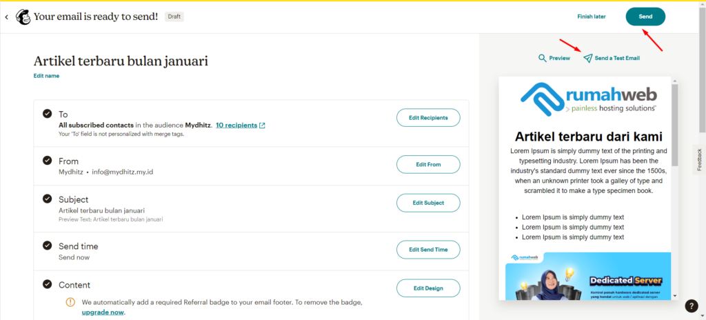 Testing pengiriman email