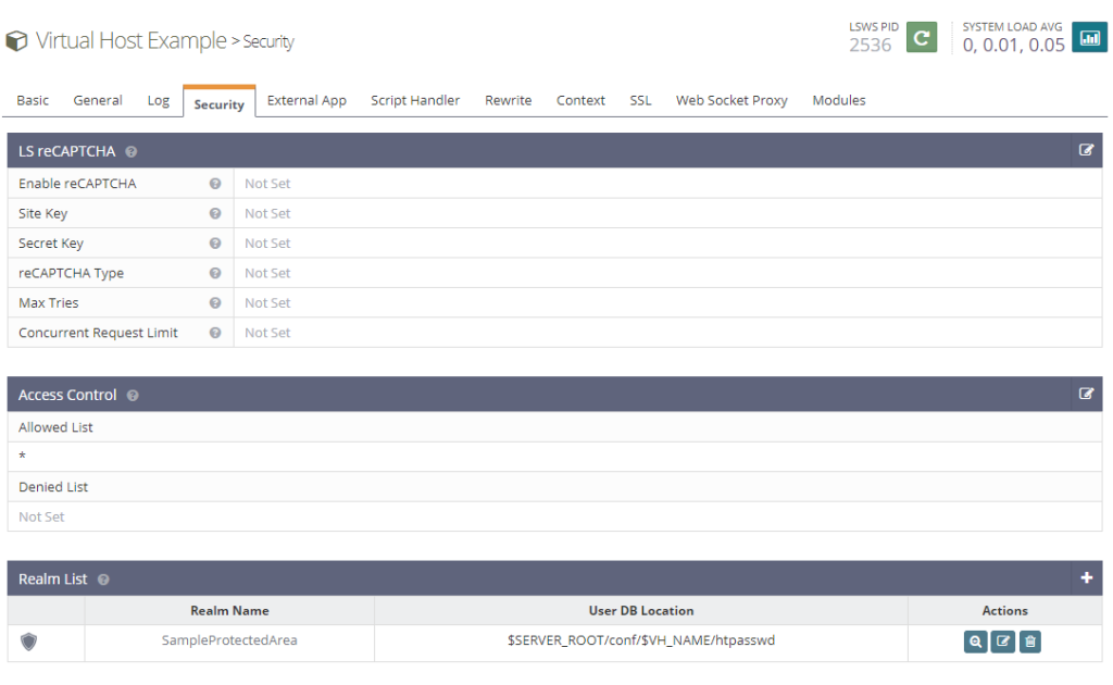 Silahkan ke menu Virtual Host Configuration > Security > Realm List, klik + untuk menambah aturan baru.
