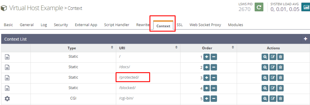 Apabila pembuatan user dan password HTTP Auth telah selesai, silahkan ke tab Context untuk mengaktifkan kredensial tersebut.