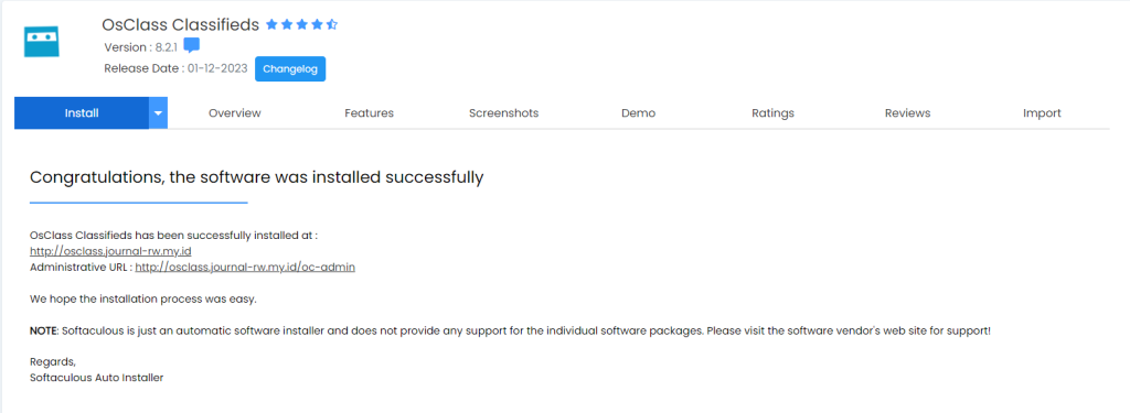 instalasi osclass berhasil