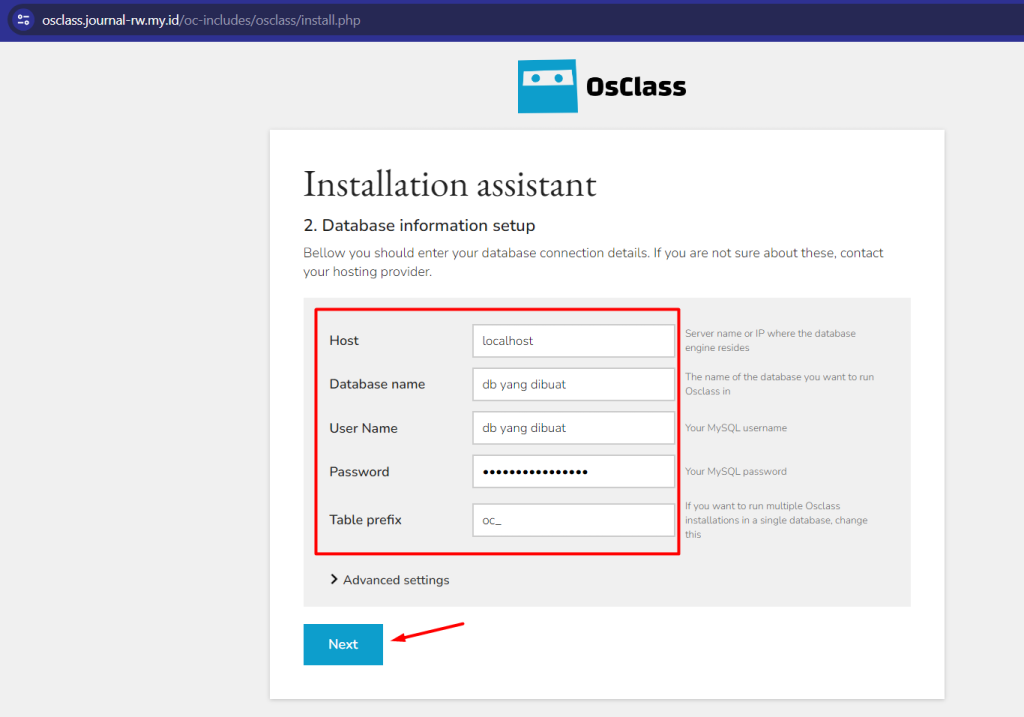 menyesuaikan database untuk osclass