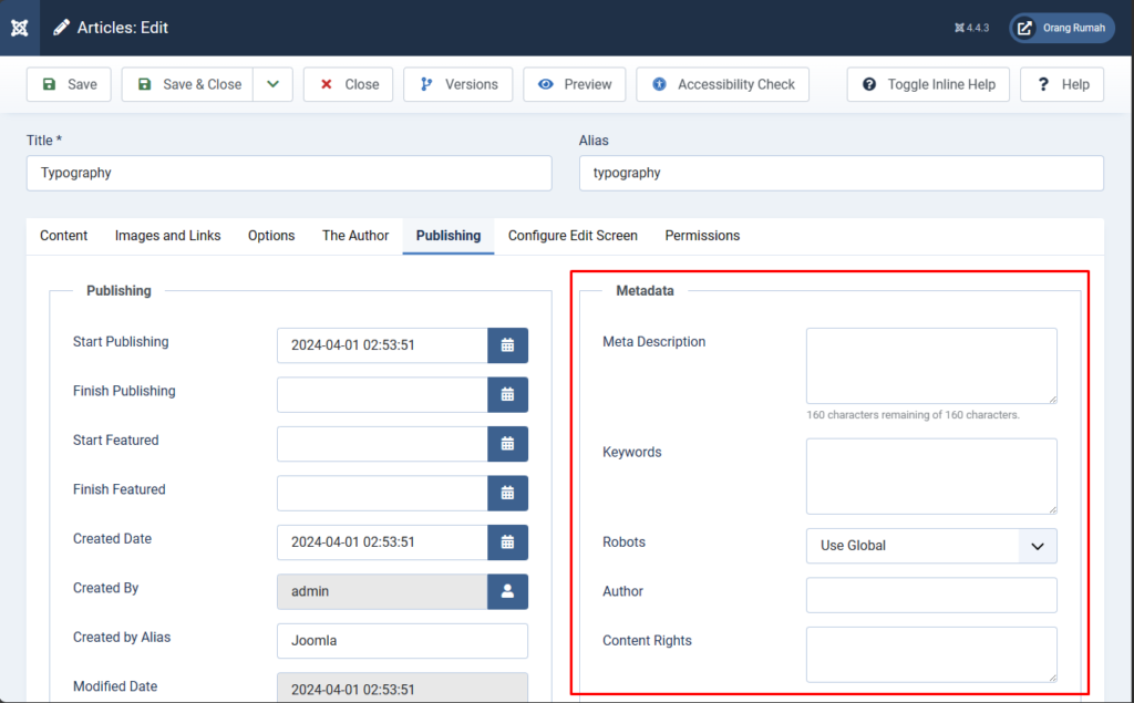 setting metda data artikel joomla