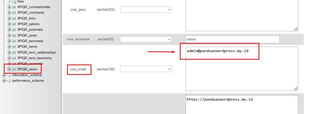 Ubah email admin dari phpmyadmin