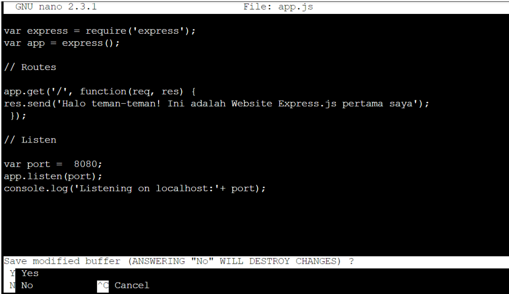 edit file app.js - install express.js di cpanel