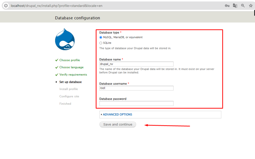 Settingan database pada step instalasi Drupal