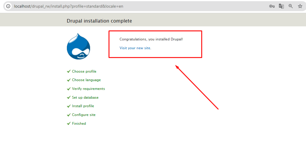 Install drupal di localhost telah selesai