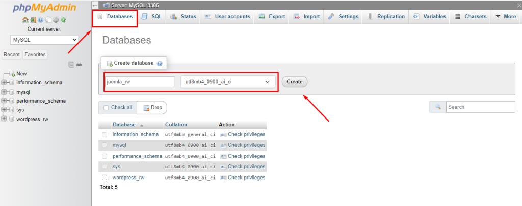 Membuat database baru untuk instalasi joomla