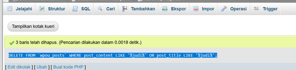 Hasil menghapus SPAM Post di WordPress melalui query