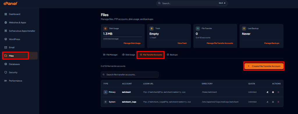 Pilih menu Create File Transfer Account