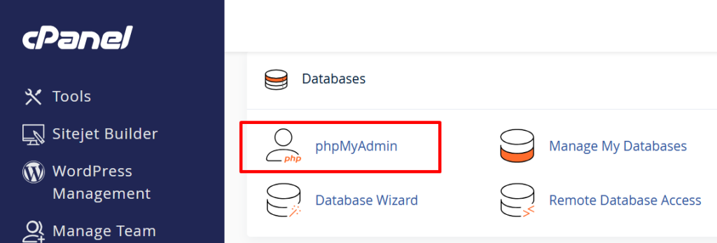Menu phpmyadmin di cpanel