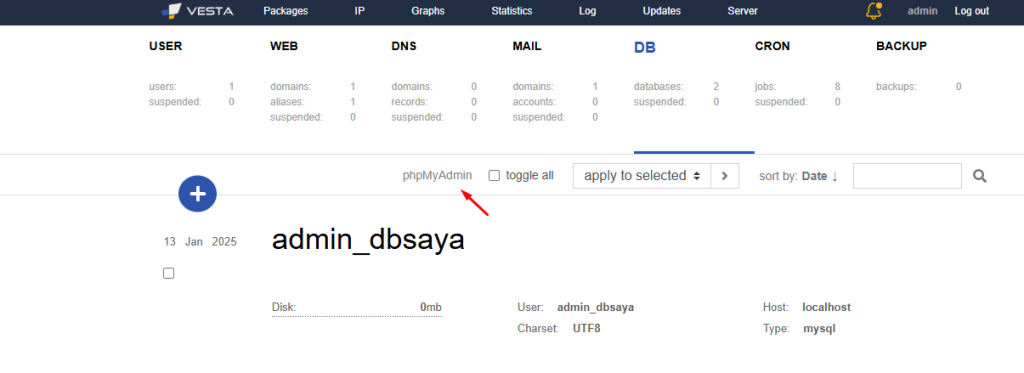phpmyadmin menu vestacp