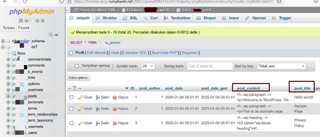 tampilan isi tabel wp_posts wordpress