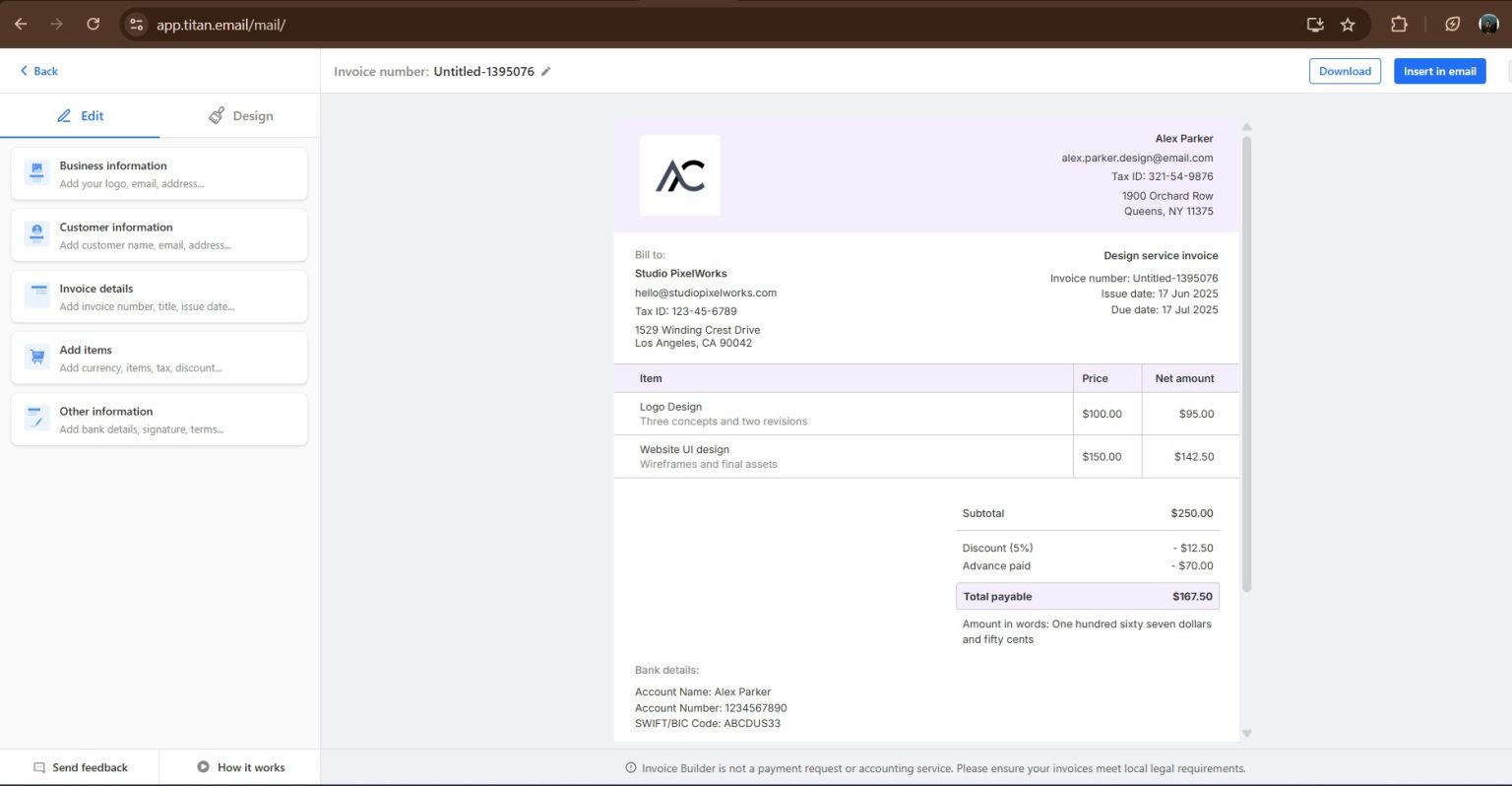 Invoice Builder Titan Mail – edit template | Rumahweb Journal