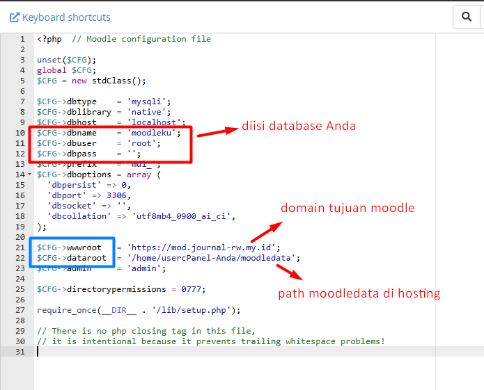 setting config.php moodle