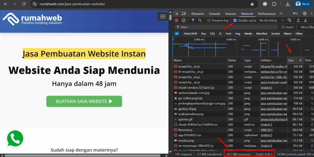 cara menggunakan Inspect di browser untuk test page load