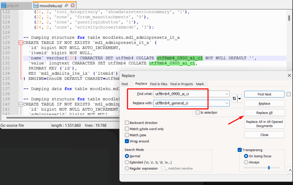 mengatur collacation ke utf8mb4_general_ci