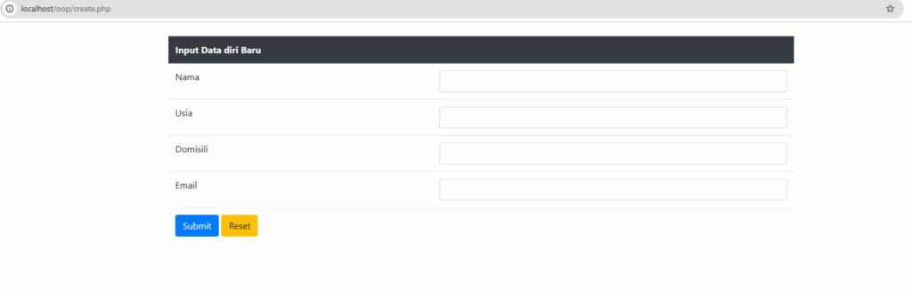 halaman create data setelah tombol create data di index website diklik