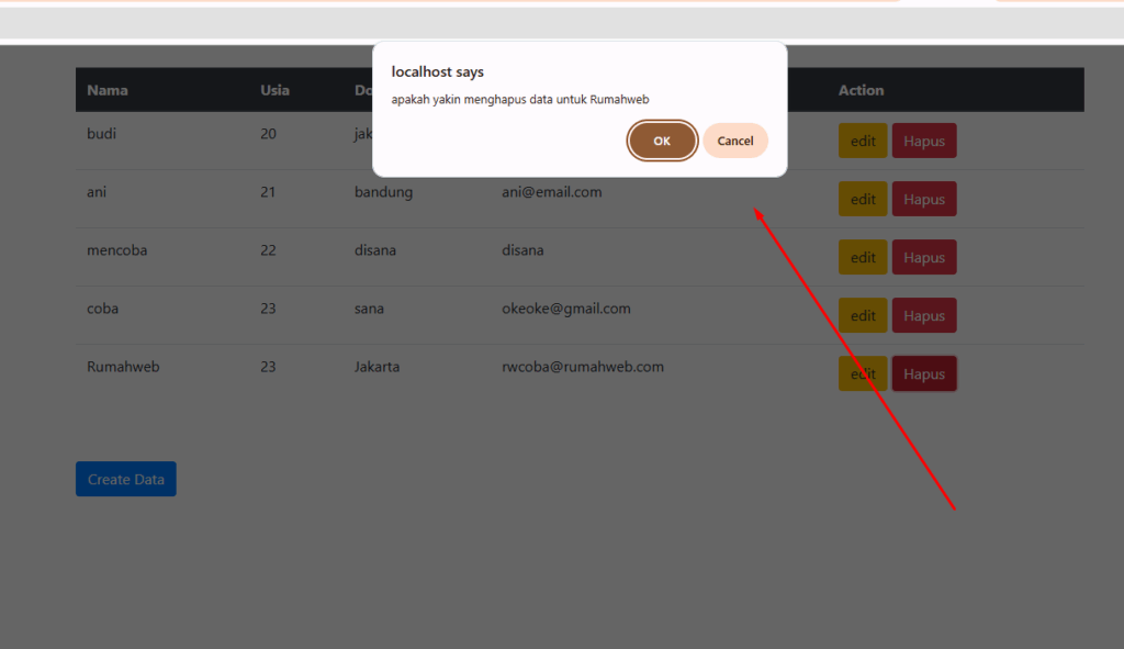 dialog konfirmasi muncul sebagai konfirmasi apakah yakin data dihapus atau tidak