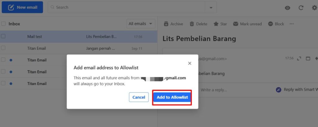 Konfirmasi whitelist email di titan mail