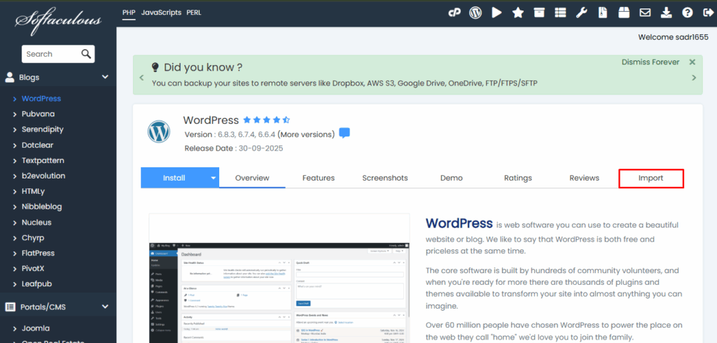Menu Import Softaculous