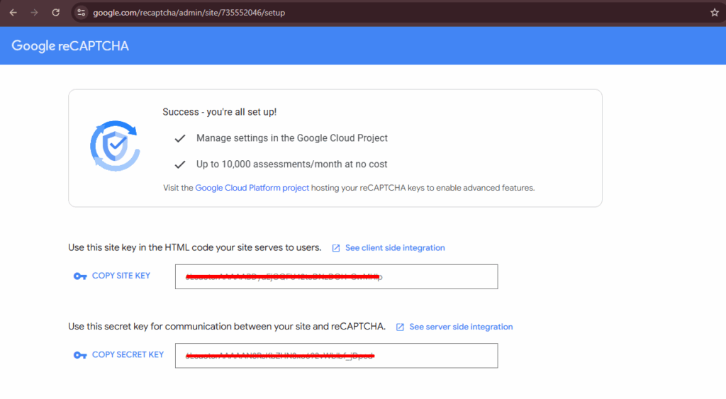 Site Key dan Secret Key