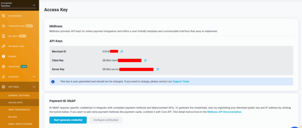 informasi acccess key midtrans