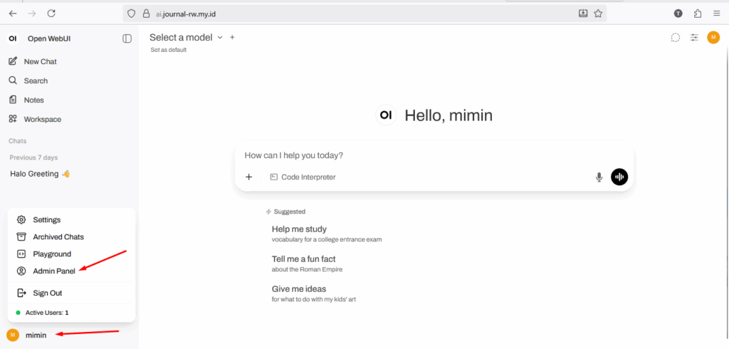 admin panel open webui
