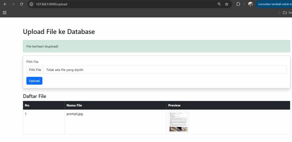 pengujian upload file ke database
