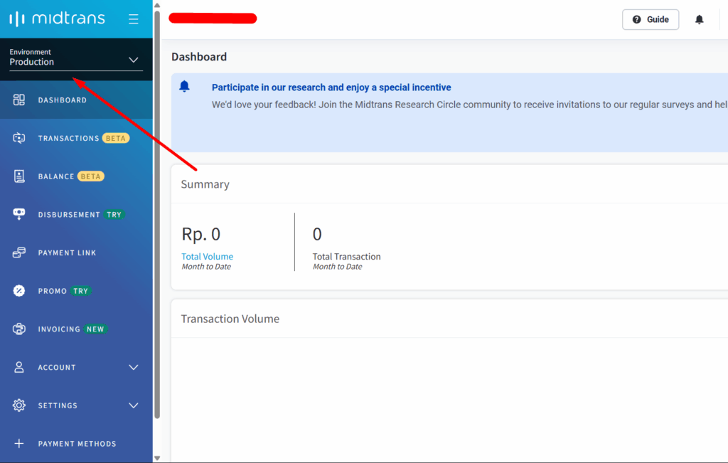 masuk ke halaman dashboard midtrans dan merubah environment dari production ke sandbox