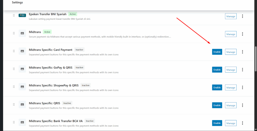 Centang Enable Midtrans Payment untuk mengaktifkan