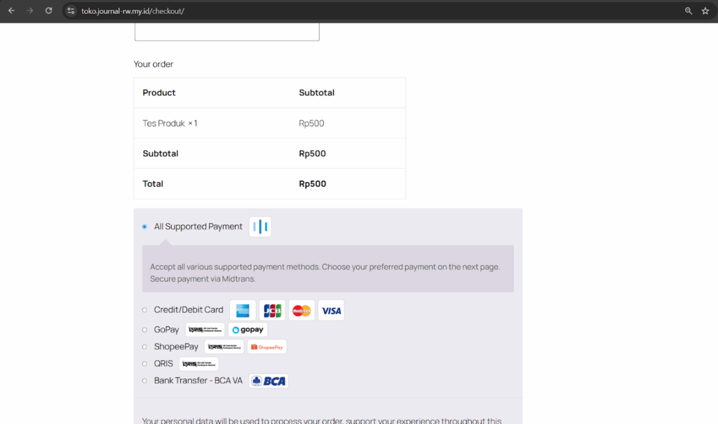 uji coba transsaksi dengan checkout produk