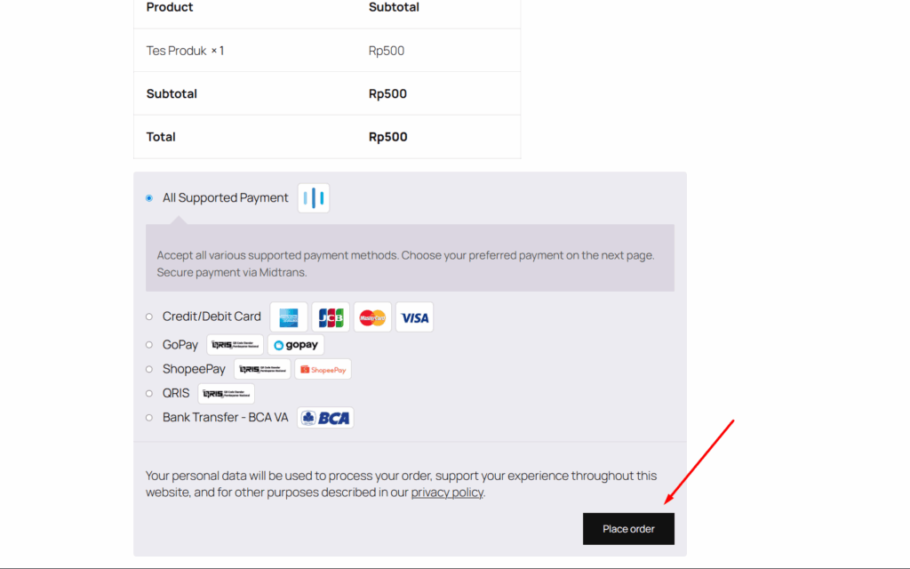 uji coba transsaksi dengan checkout produk