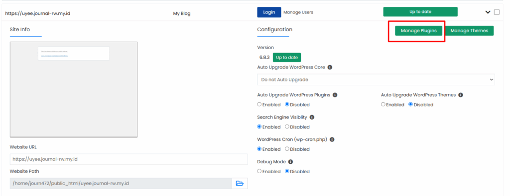 WordPress Manager by Softaculous manage plugins