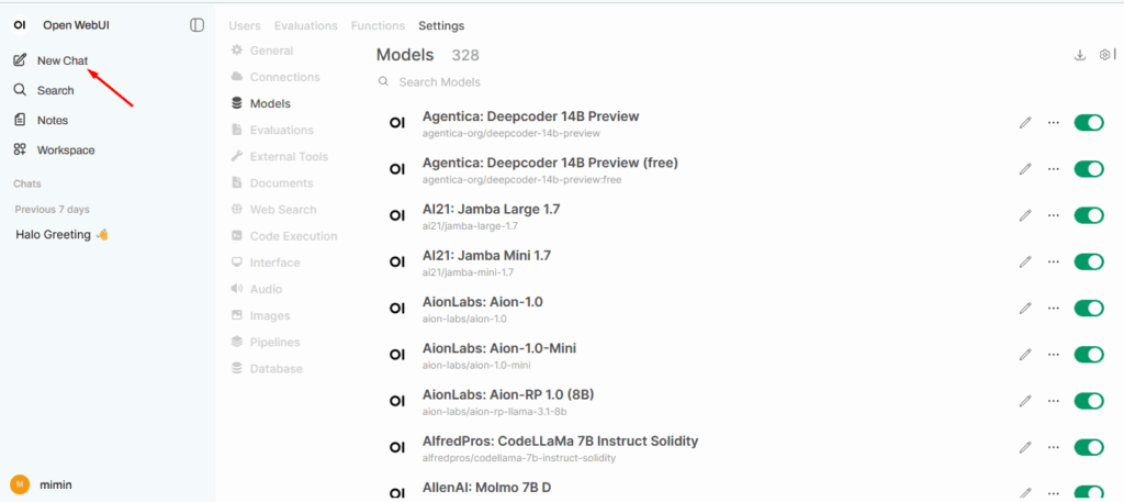 new chat menu open webui