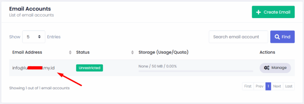 Email domain berhasil dibuat