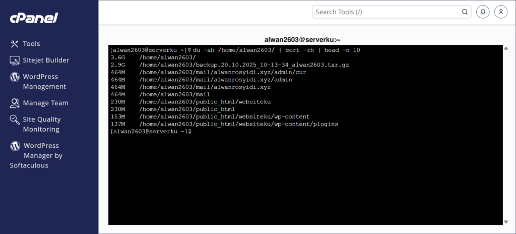 cek disk usage melalui ssh