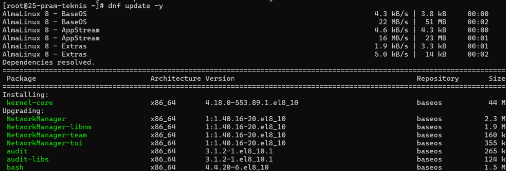 Update sistem almalinux sebelum install Odoo