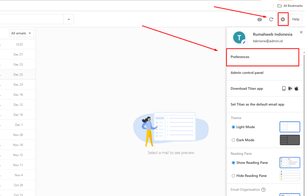 Tampilan setting preferences pada webmail titan mail