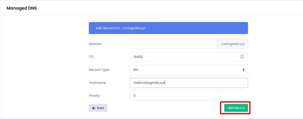 Menambahkan MX record di DNS management 