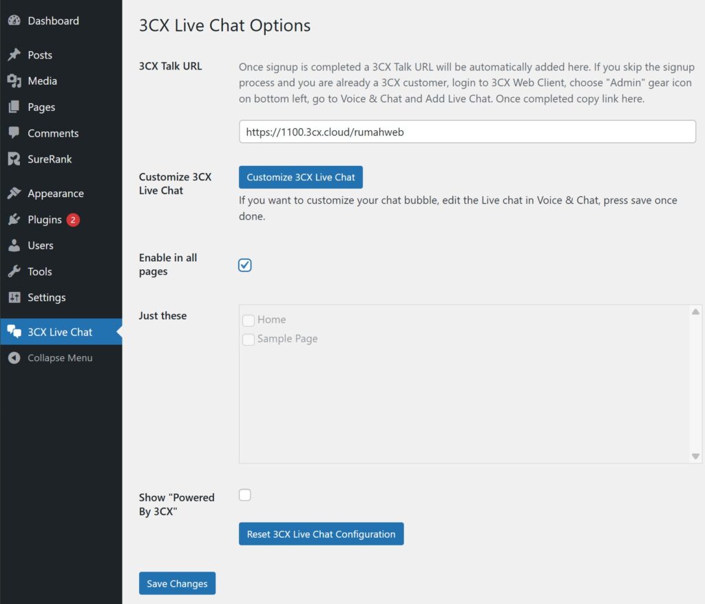 3CX Live Chat selesai setup