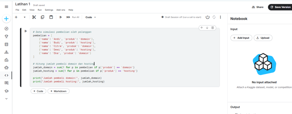 Memasukkan kode sederhana di kaggle notebook