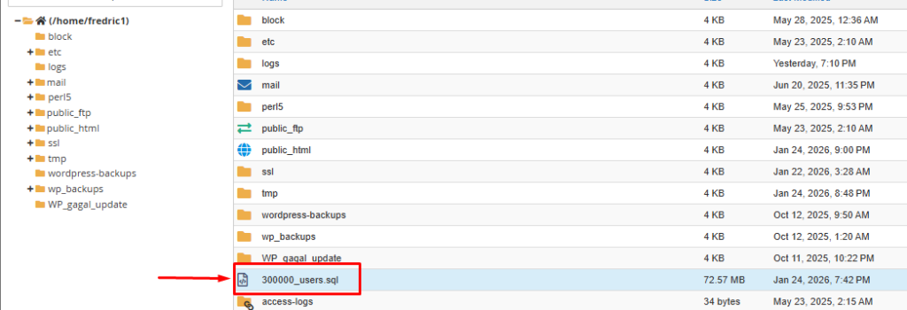 Pada panduan ini kami mengupload file .SQL tepat di /home/usercPanel/nama-file.sql