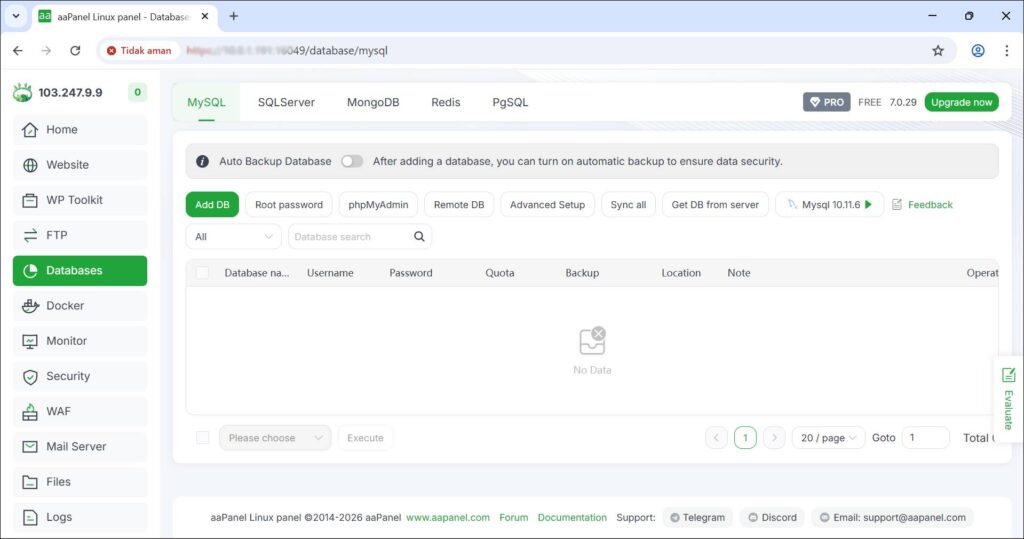 Menu databases aapanel