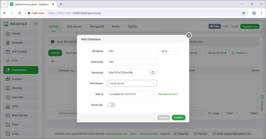 buat database dan User Database