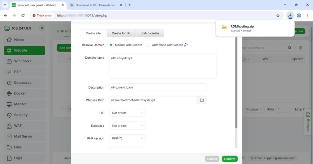 Buat Akun Website di aaPpanel