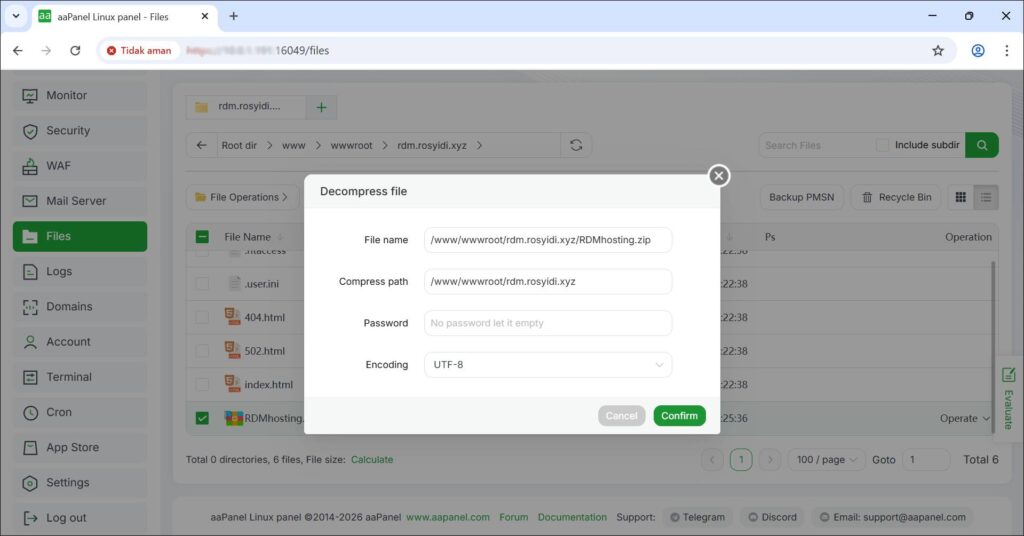 Extract File Installer RDM di aaPanel
