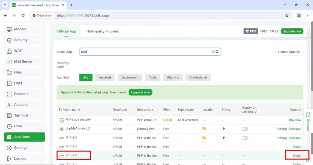 Install php 72 aaPanel