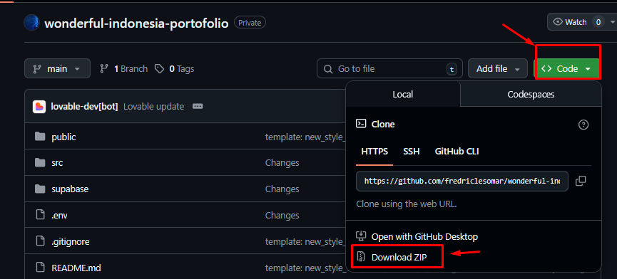 Ikuti langkah-langkah menghubungkan Github hingga selesai, kemudian download scriptnya: