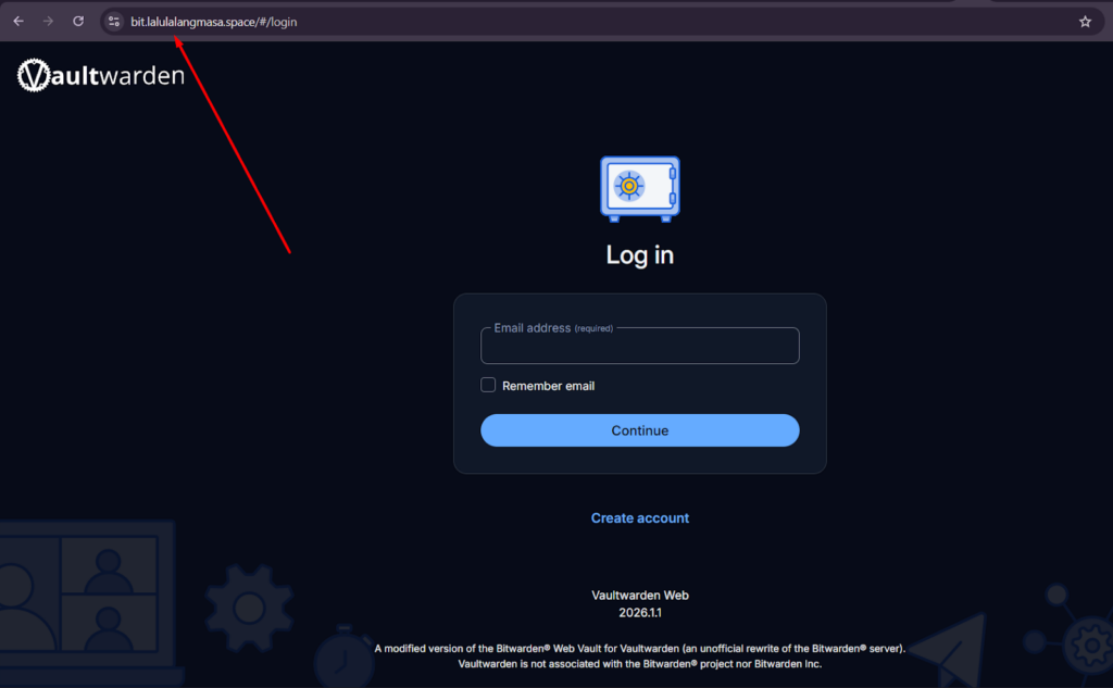 Tampilan login Vaultwarden