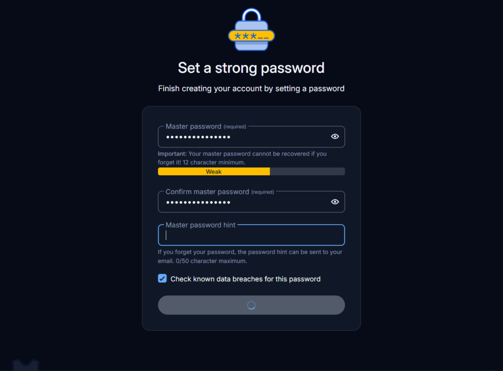 mengisi password untuk login vaultwarden